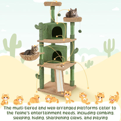 Cactus Cat Tree, 66In Cat Tower for Indoor Cats, Multi-Level Cat Tree with Large Condos &amp; Ramp, Pet Play House with Padded Perch, Platforms, Basket &amp; Hanging Ball, Green/Brown