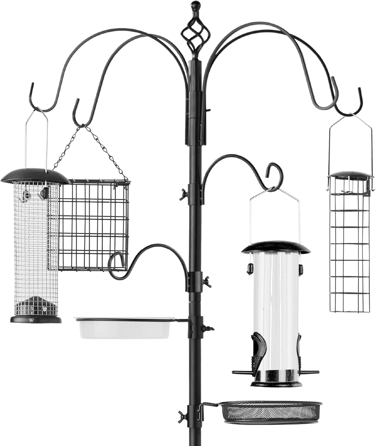 6-Hook Bird Feeding Station, Steel Multi-Feeder Kit Stand for Attracting Wild Birds W/ 4 Bird Feeders, Mesh Tray, Bird Bath, 5-Prong Base - Black