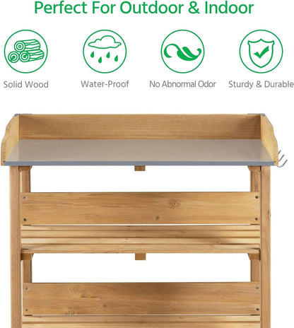 Outdoor Garden Potting Bench Table Wooden Horticulture Planting Worstation W/Metal Tabletop/Storage Shelf/3 Hooks, Natural Wood