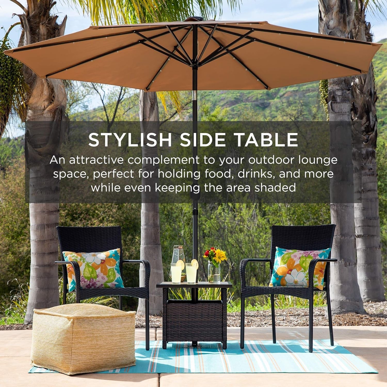 Wicker Side Table with Umbrella Hole, Square PE Rattan Outdoor End Table for Patio, Garden, Poolside, Deck W/Uv-Resistant Frame, Storage Space - Brown