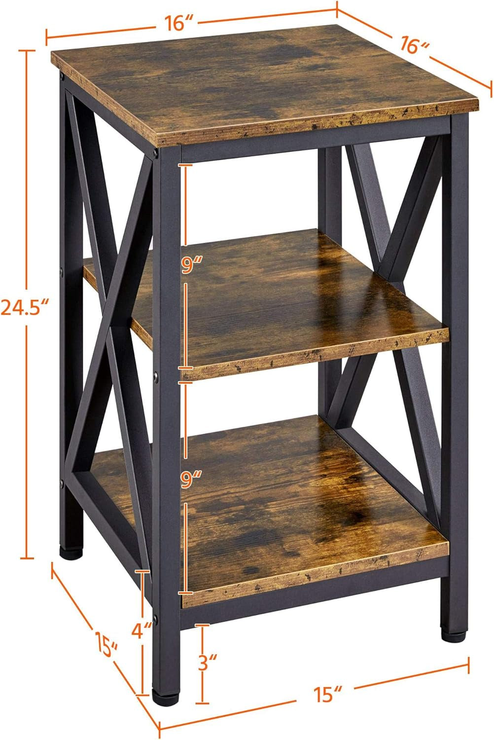 Industrial End Tables, 3-Tier Side Tables with Storage Shelves for Living Room, X Design Sofa Tables, Strong Metal Frame, Easy Assembly, Rustic Brown