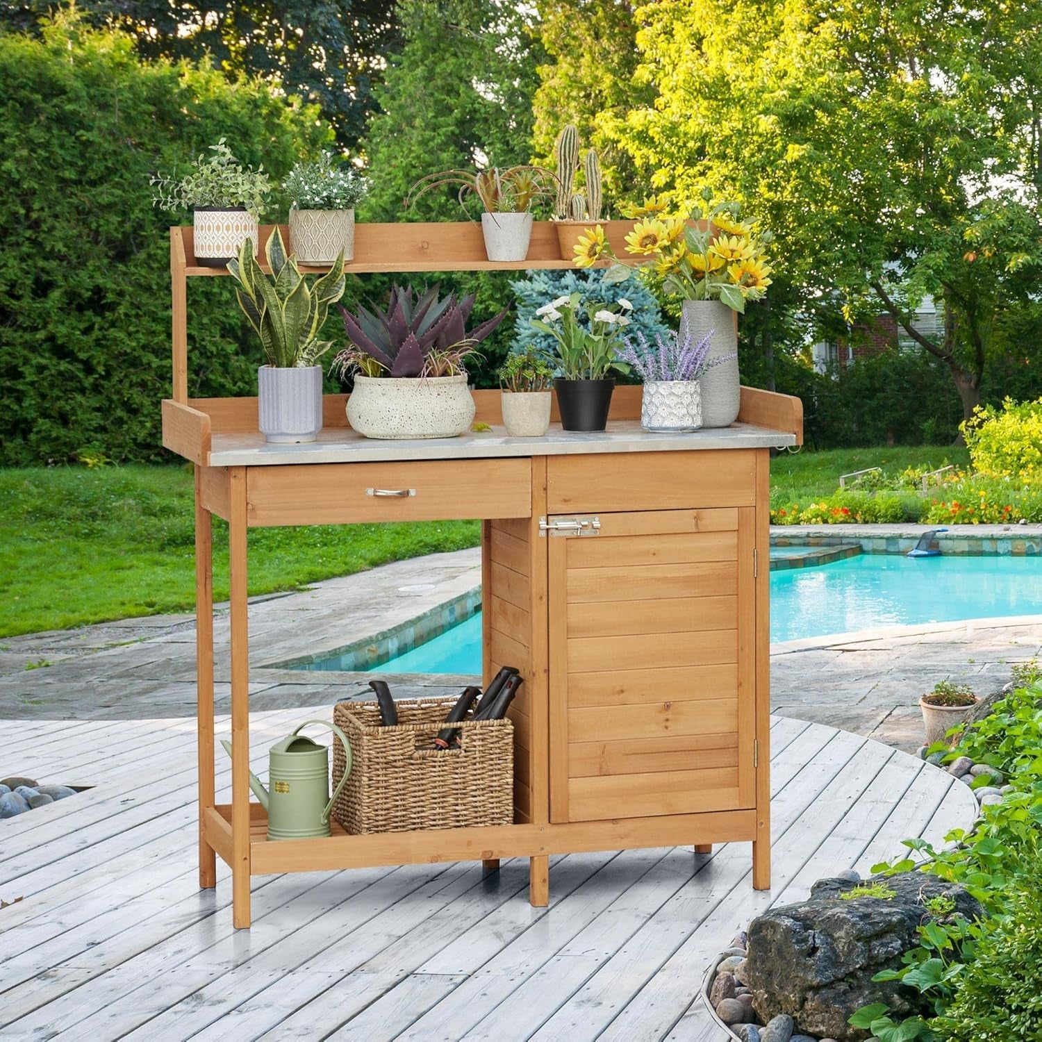 Outdoor Garden Potting Bench Table Work Bench Metal Tabletop W/Cabinet Drawer Open Shelf Natural Wood