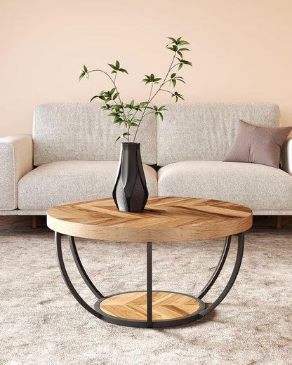 round Coffee Table, 32&quot; Circle Coffee Table for Living Room, 2-Tier Wood Accent Center Table with Open Storage Industrial Design Home Furniture (Wood Grain and Black)