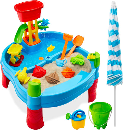 Kids Sand &amp; Water Outdoor Activity Table, Childs 2-In-1 Play Set W/ 18 Accessories, Adjustable Umbrella, 120 Capacity