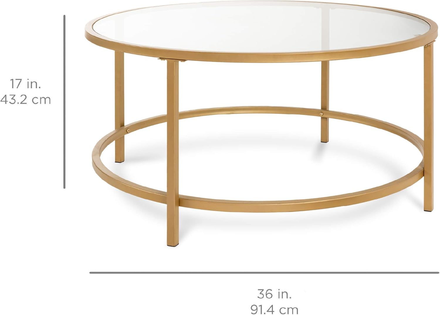 36In Modern round Tempered Glass Accent Side Coffee Table for Living Room, Dining Room, Tea, Home Décor W/Satin Trim, Metal Frame, Non-Marring Foot Caps - Bronze Gold