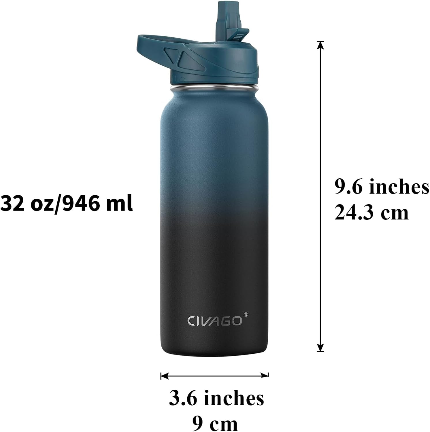 32 Oz Insulated Water Bottle with Straw, Stainless Steel Sports Water Cup Flask with 3 Lids (Straw, Spout and Handle Lid), Wide Mouth Travel Thermal Mug, Black