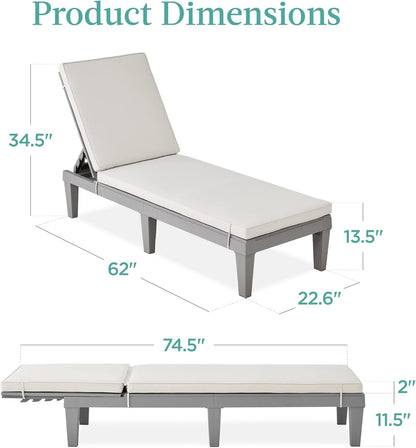 Outdoor Lounge Chair, Resin Patio Chaise Lounger for Poolside, Backyard, Porch W/Seat Cushion, Adjustable Backrest, 5 Positions, 330Lb Capacity - Gray/White Sand