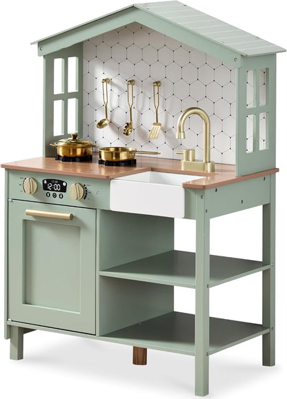 Pretend Play Wooden Farmhouse Kitchen Set for Kids W/ Toy Storage, Clicking Knobs, Windows, 5 Accessories Included - Sage