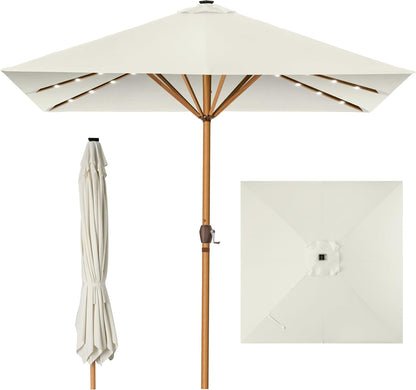 9Ft Deep Square Solar Powered LED Lighted Patio Umbrella W/Faux Wood Texture, Uv-Resistant Fabric, Hand Crank