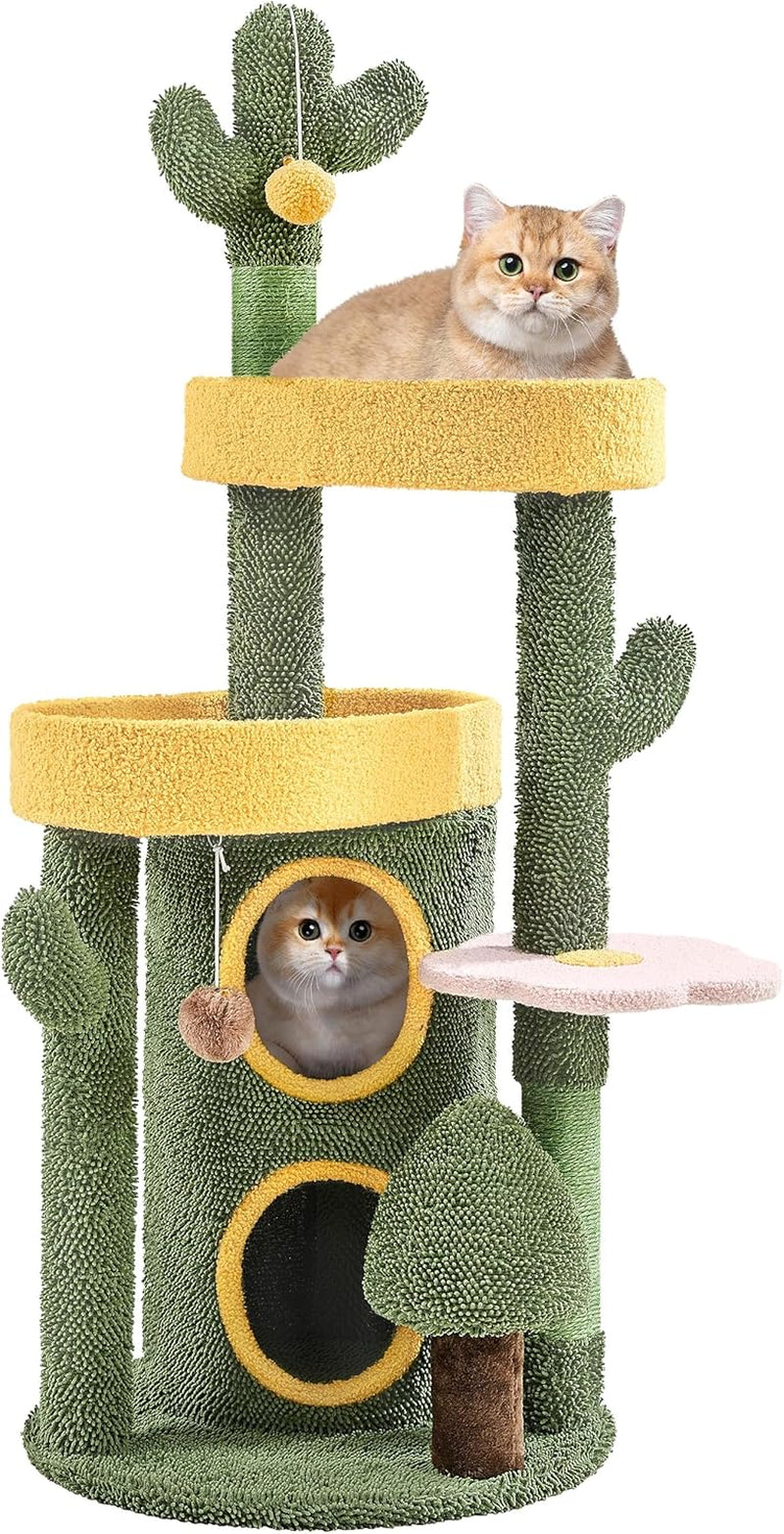 Cactus Cat Tree for Indoor Cats, 48.5In Cat Tower with 2 Large Platform, 2 Tiered Condo, Scratching Posts &amp; Dangling Balls, Oasis-Themed Cat Activity Center