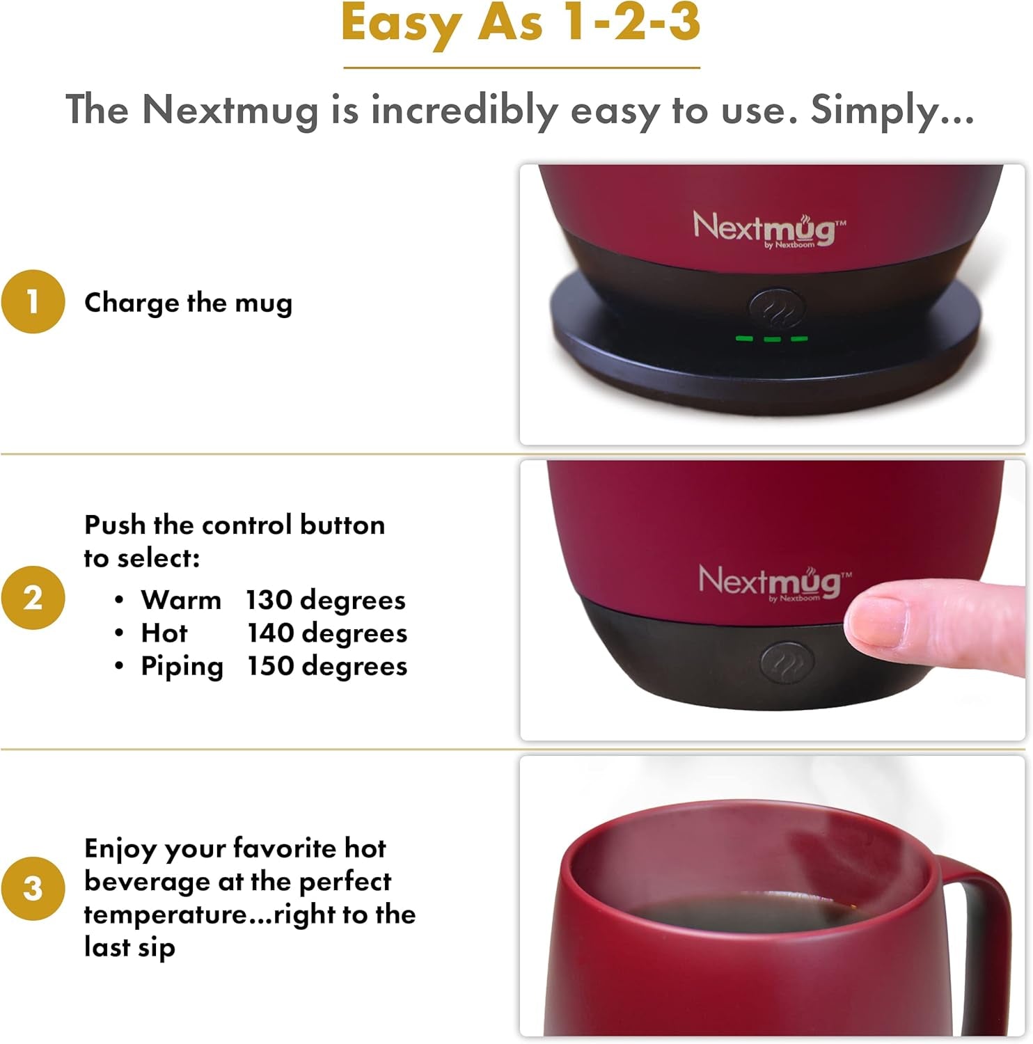 Nextmug - Temperature-Controlled, Self-Heating Coffee Mug (Burgundy - 14 Oz.)