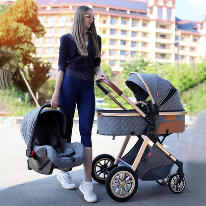 Baby Travel System Infant 3 in 1 Baby Stroller Pushchair High Landscape Reversible Foldable Portable Stroller Newborn Pram Reclining Baby Carriage (With Base Brown)