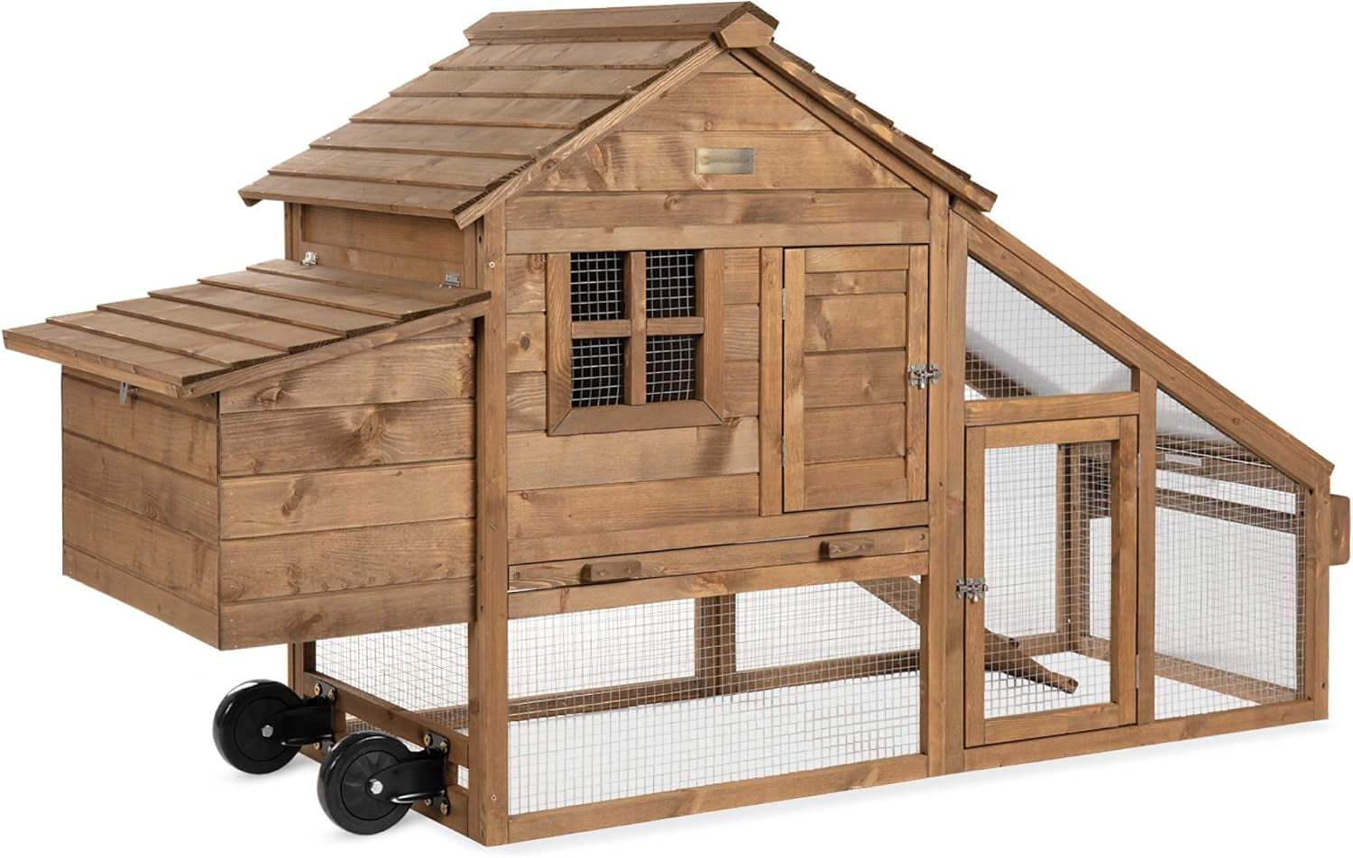 71In Mobile Fir Wood Chicken Coop Hen House Poultry Cage for 3-5 Hens, Outdoor, Animal Care W/Wheels, 2 Doors, Nest Box, Removable Tray, UV Panel