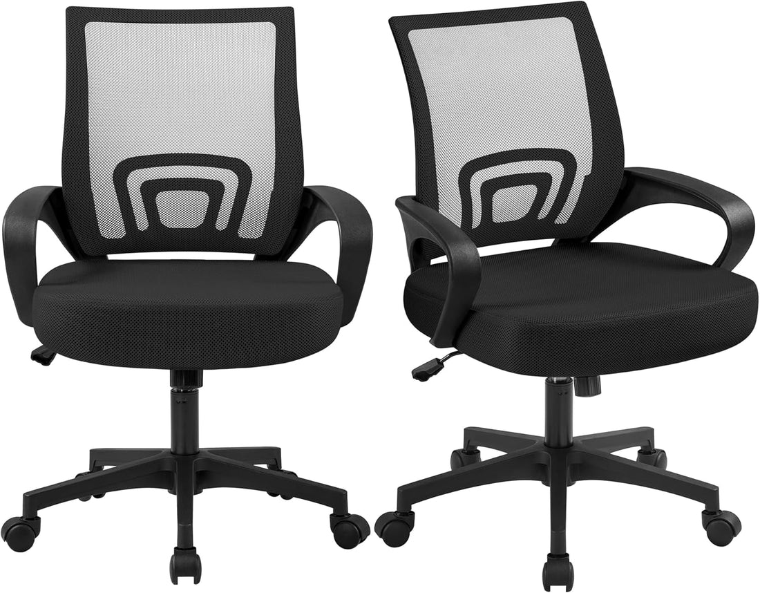 Office Chair Mid Back Swivel Lumbar Support Desk Chair, Height Adjustable Computer Ergonomic Mesh Chair with Armrest Black, 2-Pack