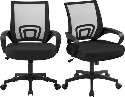 Office Chair Mid Back Swivel Lumbar Support Desk Chair, Height Adjustable Computer Ergonomic Mesh Chair with Armrest Black, 2-Pack