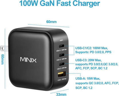 NEO P3 100W Turbo 4-Ports Gan Wall Charger, 3 X USB-C Port Fast Charging Adapter(Max 100W/20W), 1 USB-A (Max 18W). Compatible with Macbook Pro Air, Ipad Pro, Iphone 14,Galaxy S9 and More.