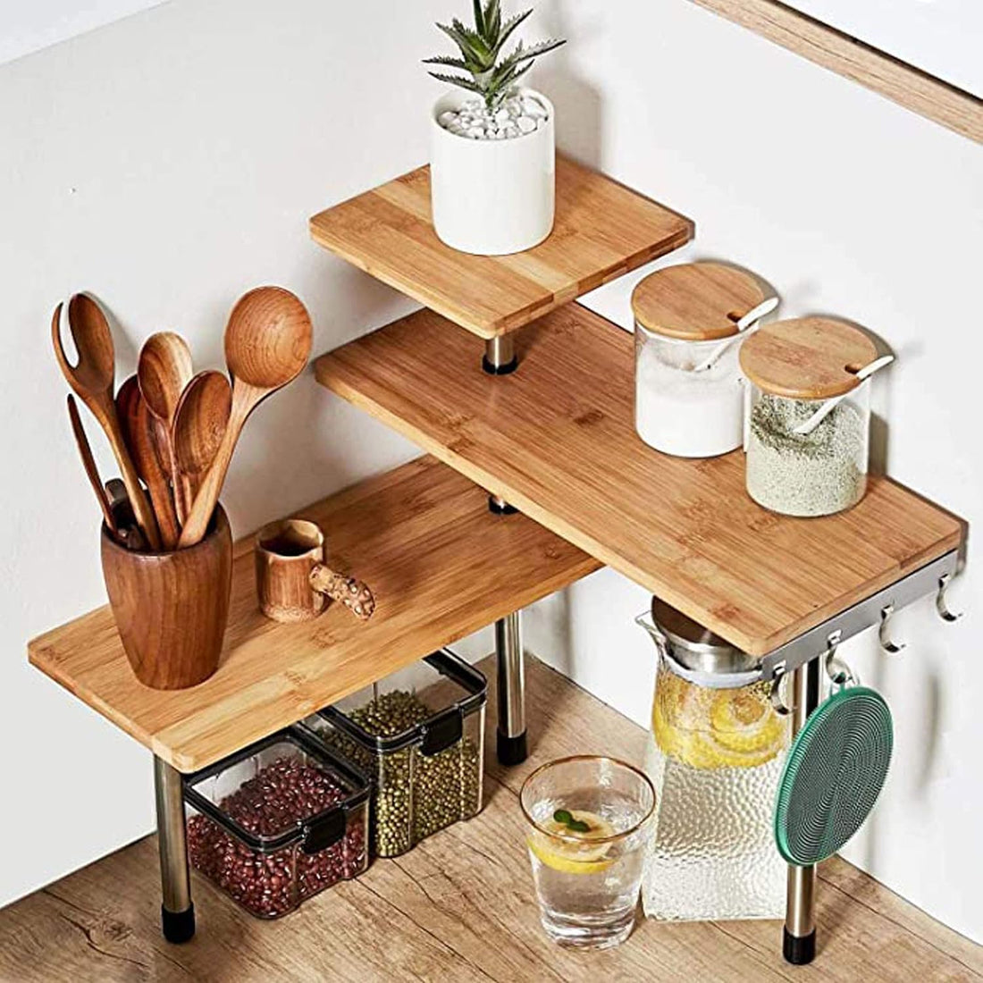 Corner Shelf, 3 Tier Bamboo &amp; Metal Storage Spice Rack-Desk, Space Saving Bookshelf with Hooks, Adjustable Display Shelf for Creative Home Décor Kitchen, Bedroom, Office (21CO)