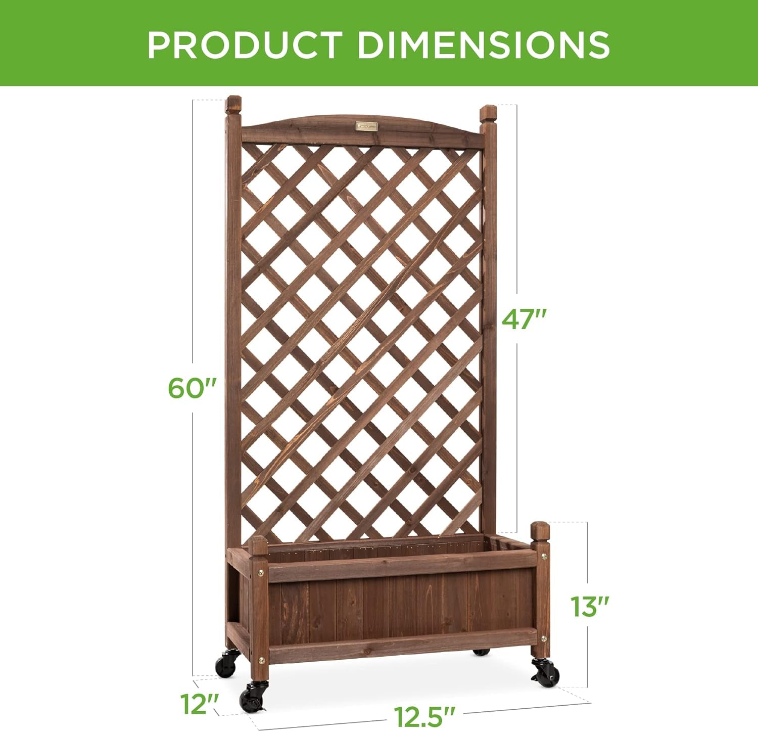 60In Wood Planter Box &amp; Diamond Lattice Trellis, Mobile Outdoor Raised Garden Bed for Climbing Plants W/Drainage Holes, Optional Wheels - Walnut