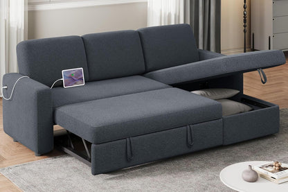 Sectional Sofa L-Shaped Sofa Couch Bed W/Chaise &amp; USB, Reversible Couch Sleeper W/Pull Out Bed &amp; Storage Space, 4-Seat Fabric Convertible Sofa, Pull Out Couch Light Gray