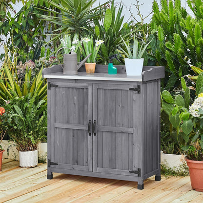 Garden Potting Bench Table, Outdoor Garden Horticultural Wooden Storage Cabinet &amp; Solid Wood Planting Work Bench with Large Space Storage &amp; Metal-Plated Tabletop, Gray