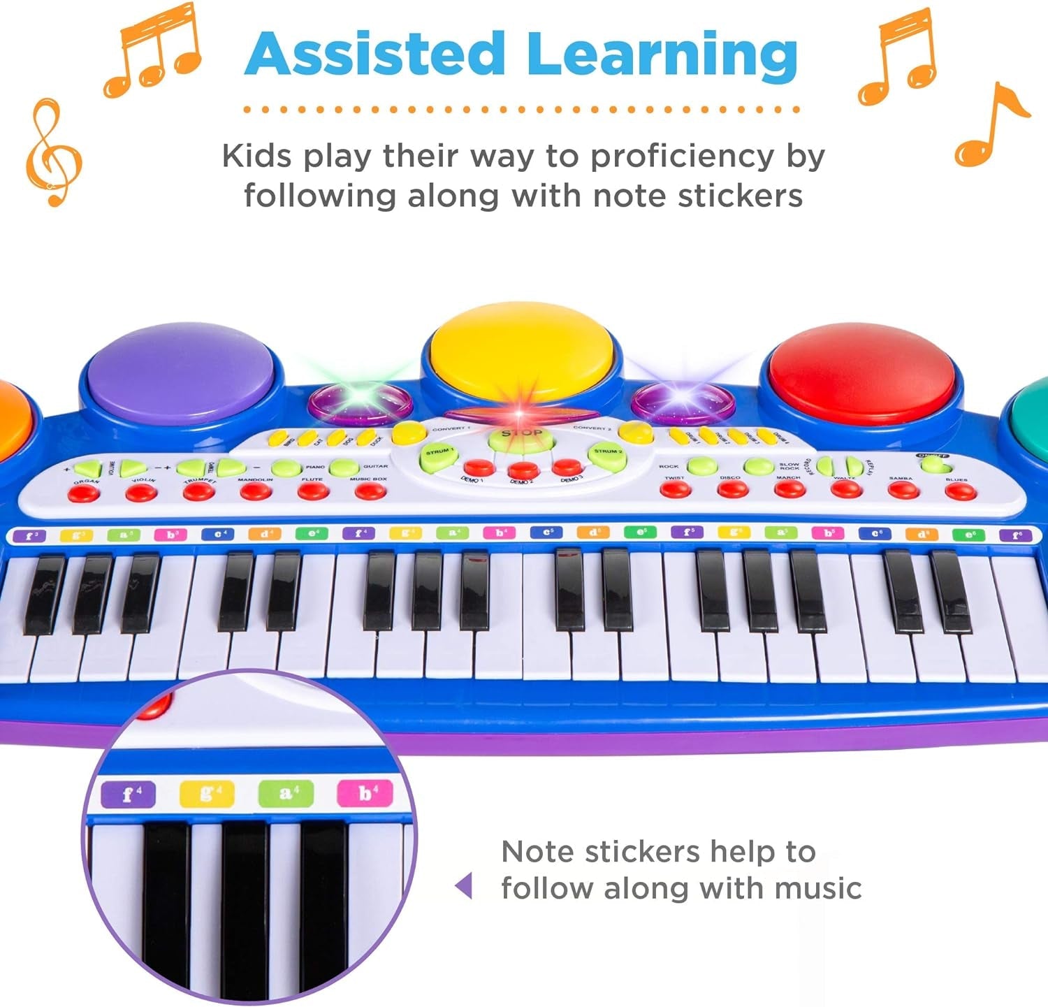 37-Key Kids Electronic Musical Instrument Piano Learning Toy Keyboard W/Multiple Sounds, Lights, Microphone, Stool - Blue