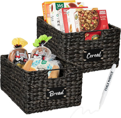 Set of 4 9X12In Water Hyacinth Pantry Baskets, Woven Kitchen Organizers W/Chalkboard Label, Chalk Marker - Natural