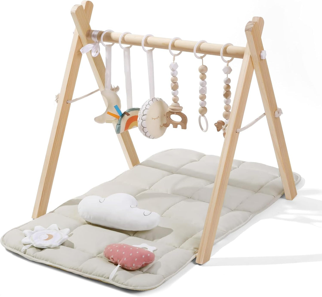 Baby Gym with Mat, Wooden Play Gym with 9 Sensory Toys, Foldable Baby Play Gymframe Activity Center, Natural Pine Wood, Montessori Toys, Easy to Assemble &amp; Clean, Natural Color