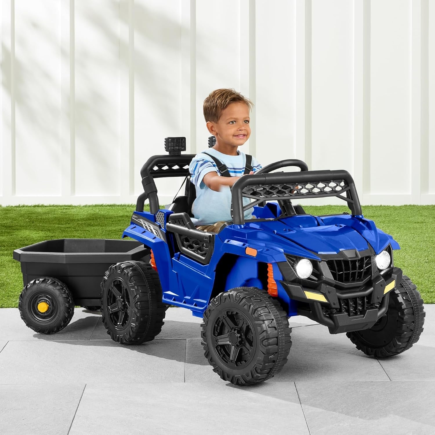 Kids 12V Electric Ride on UTV Car and Trailer W/Parent Control, LED Lights, 2 Speeds, Bluetooth - Black