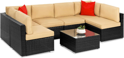 7-Piece Modular Outdoor Sectional Wicker Patio Conversation Set W/ 2 Pillows, Coffee Table, Cover Included - Gray/Navy