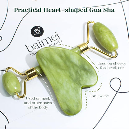 Icyme Gua Sha &amp; Jade Roller Facial Tools Face Roller and Gua Sha Set for Puffiness and Redness Reducing Skin Care Routine, Self Care Gift for Men Women - Green