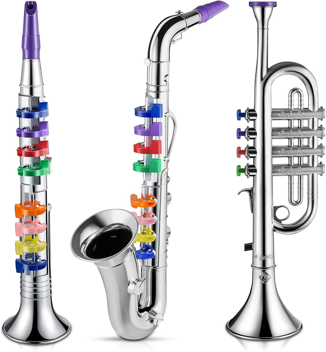 Set of 3 Saxophone for Kids Musical Instruments Toy Saxophone Toy Trumpet and Clarinet with 8 Colored Coded Keys Teaching Songs Gifts for Toddlers Children(Silver)