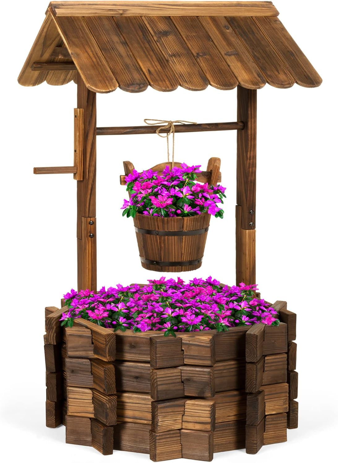 Rustic Wooden Wishing Well Planter Outdoor Home Décor for Patio, Garden, Yard W/Hanging Bucket