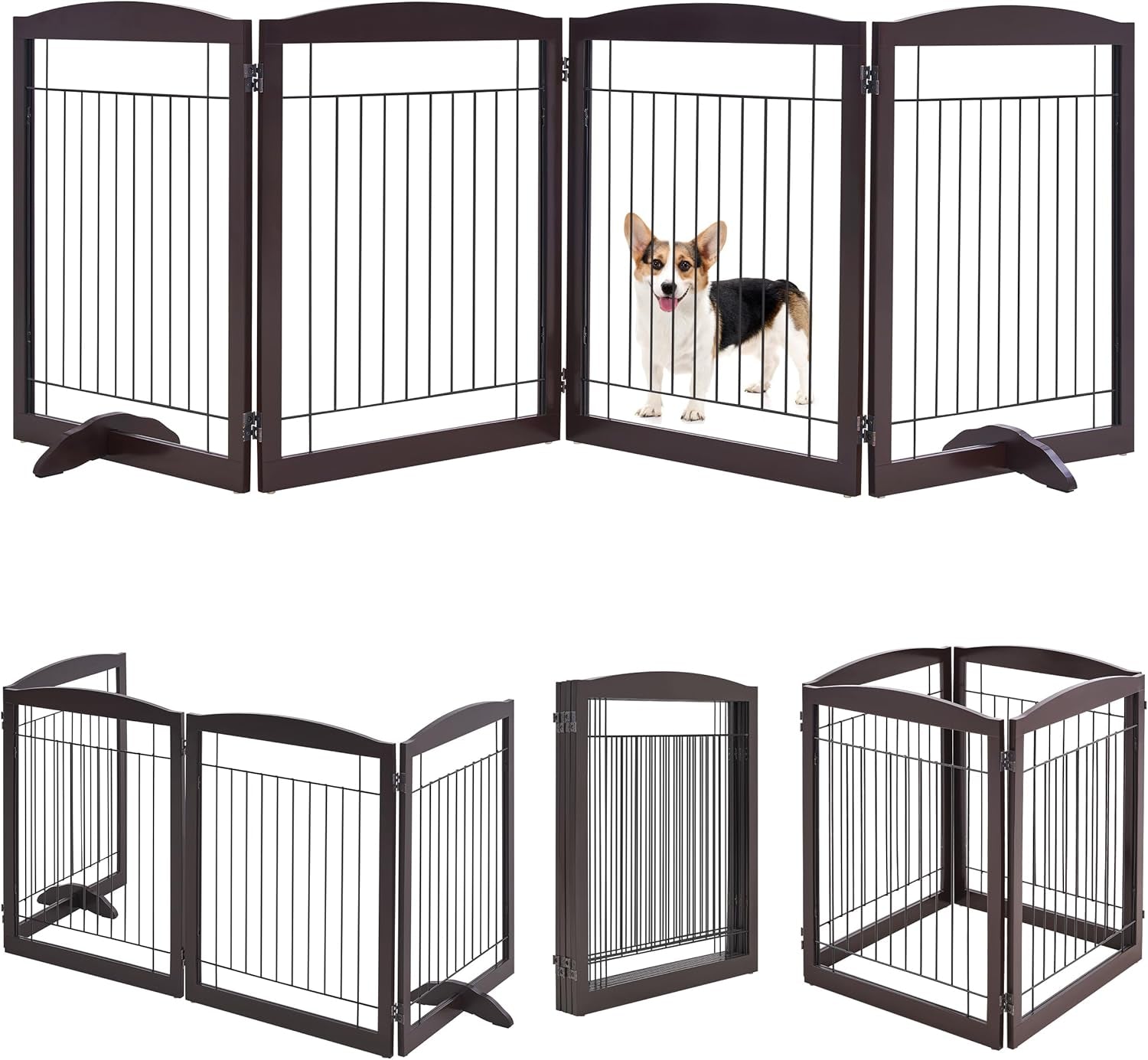 32-Inch Tall Dog Gate Extra Wide Pet Gate for Dogs Indoor Foldable Wire &amp; Wooden Puppy Safety Fence W/2 Support Feet,Freestanding Dog Gate for the House, Doorway, Stairs(White,4 Panels)