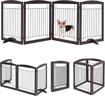 32-Inch Tall Dog Gate Extra Wide Pet Gate for Dogs Indoor Foldable Wire &amp; Wooden Puppy Safety Fence W/2 Support Feet,Freestanding Dog Gate for the House, Doorway, Stairs(White,4 Panels)