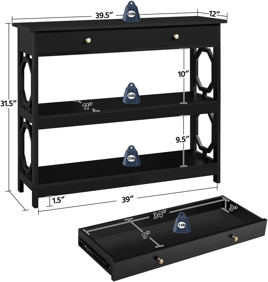3-Tier Console Table with Drawer and Storage Shelves, 39&quot; Sofa Table Wood Entryway Table for Living Room/Entryway/Hallway/Corridor, Black,Geometric Side Design