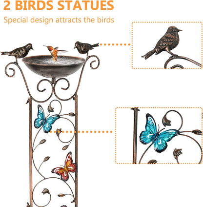 Bird Bath with Trellis Outdoor, Antique Garden Iron Trellis with Decorative Butterflies Detachable Bird Bowl Metal Potted Plants Support for Climbing Flowers