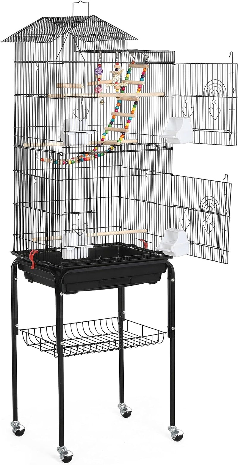 Bird Cage 64-Inch Play Open Top Medium Small Parrot Parakeet Bird Cages with Detachable Rolling Stand for Parrot Lovebirds Finches Parakeets Budgie Parrotlet Conures, Pet Flight Birdcage