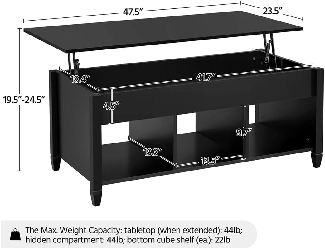 Black Coffee Table, 47.5In Lift Top Coffee Table, Lift up Center Table W/Hidden Compartment &amp; 3 Cube Open Shelves for Living Room