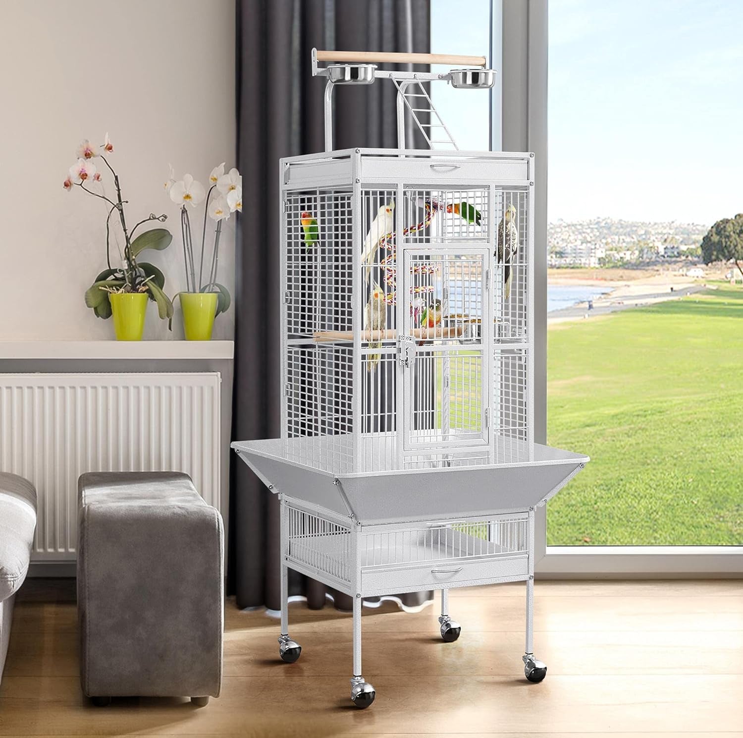 Wrought Iron Bird Cages, Play Top Large Aviary with Stand for Cockatiel Parrot Sun Parakeet Conures Lovebird Budgie Finch African Grey White, 61-Inch