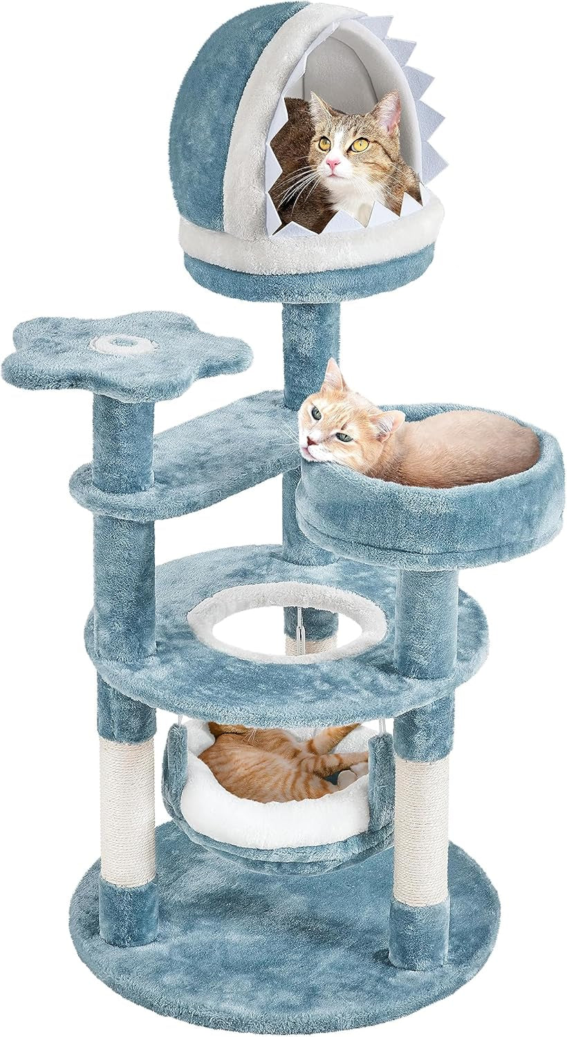 45.5In Ocean-Themed Cat Tree Multi-Level Cat Tower, Plush Cat Furniture with Shark&