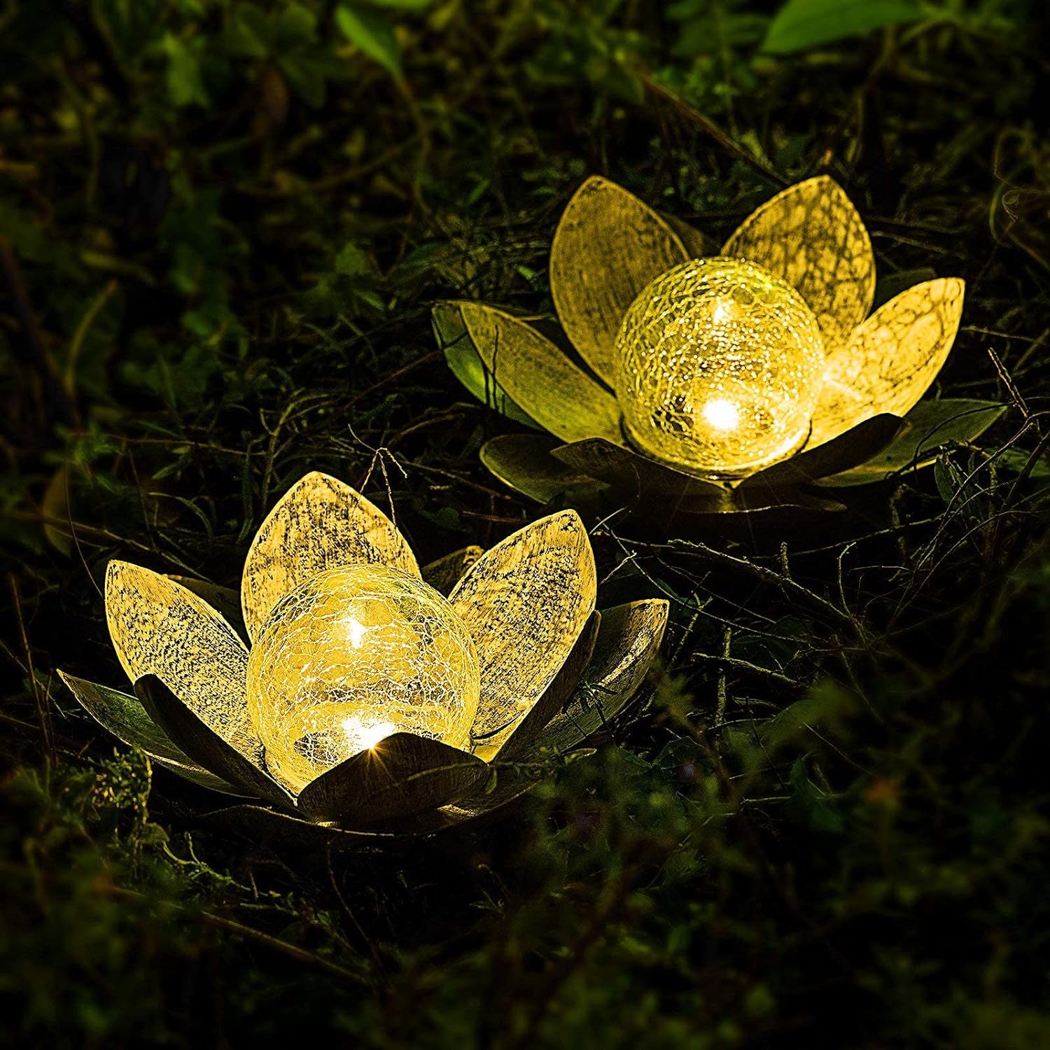 Solar Lights Outdoor Garden, Crackle Globe Glass Lotus Decor, Waterproof LED Metal Flower Decorations for Patio,Lawn,Walkway,Tabletop,Ground