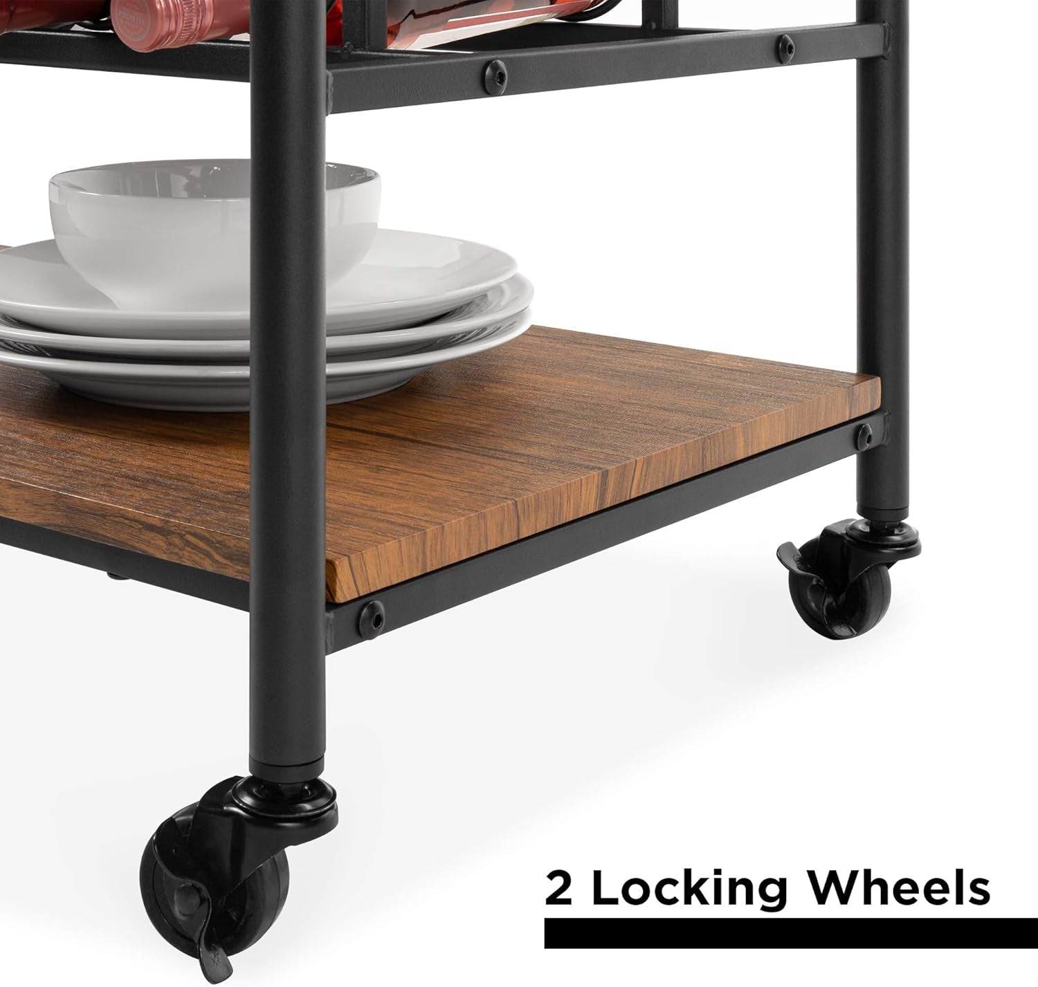 45In Industrial Wood Shelf Bar &amp; Wine Storage Service Cart Trolley W/ 14 Bottle &amp; 18 Glass Racks, Locking Caster Wheels