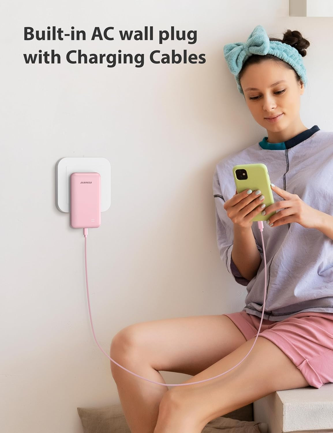 Portable Charger Built-In Cables and AC Wall Plug, Slim Fast Charging Power Bank 10000Mah, Lightweight USB C External Battery Pack Compact Travel Cell Phone Charger