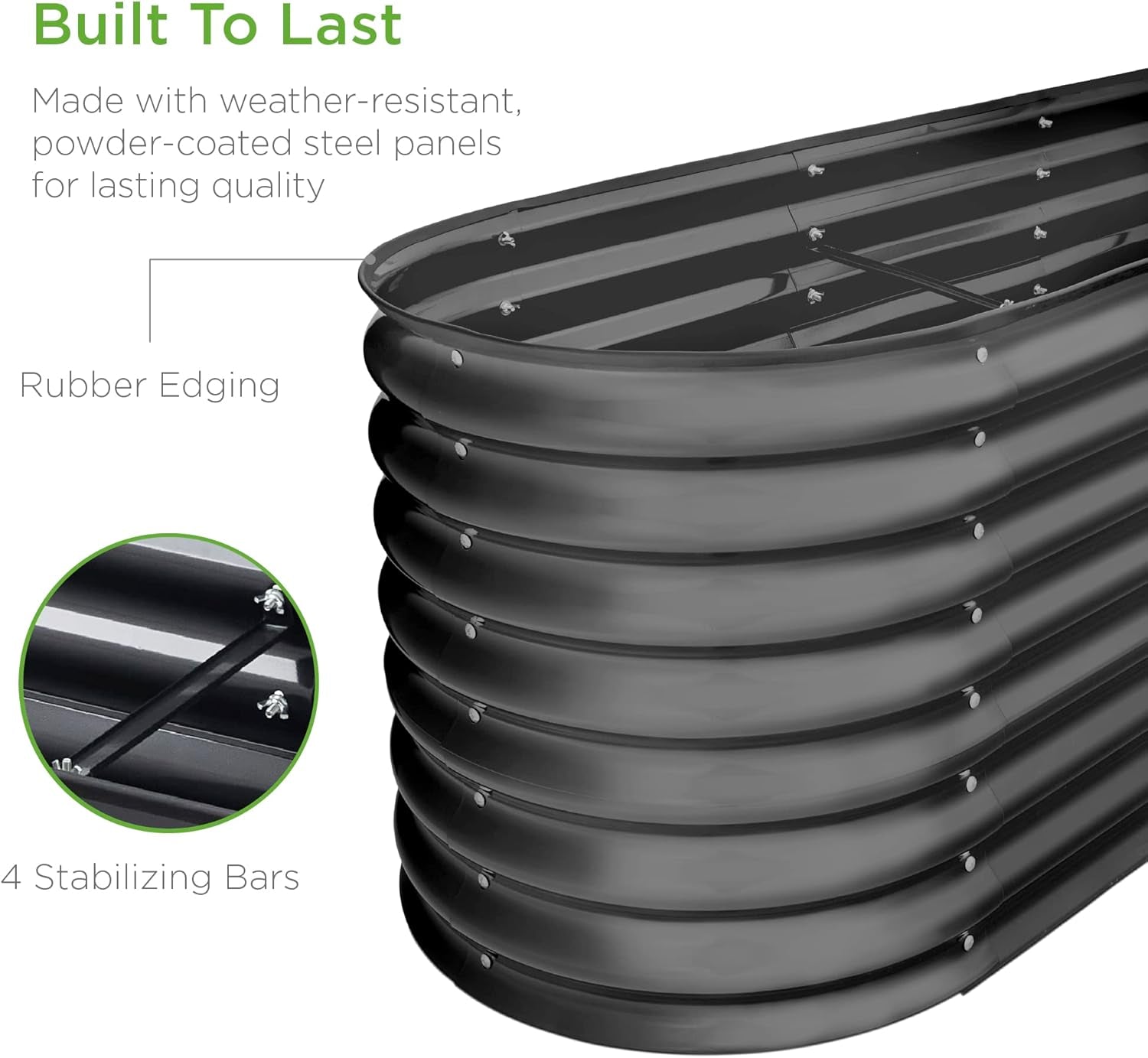 8X2X2Ft Metal Raised Garden Bed, Oval Outdoor Deep Root Planter Box for Vegetables, Herbs W/ 4 Support Bars, 215 Gal Capacity - Charcoal