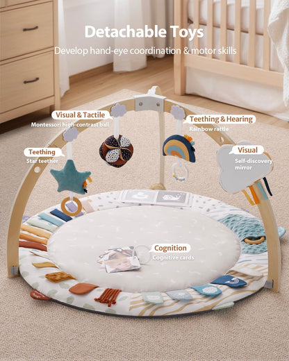 Baby Play Gym &amp; Activity Mat, 5 Developmental Zones Wooden Tummy Time Mat with 6 Detachable Sensory Toys for Motor Skills &amp; Sensory Development, Baby Essentials Shower Gift