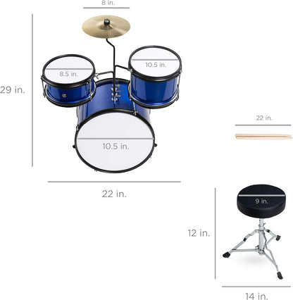 Kids Drum Set 3-Piece Beginner Drum Set Junior Drum Set, W/ Throne Stool, Cymbal, Drum Sticks, Bass Drum Pedal, 2 Toms - Blue