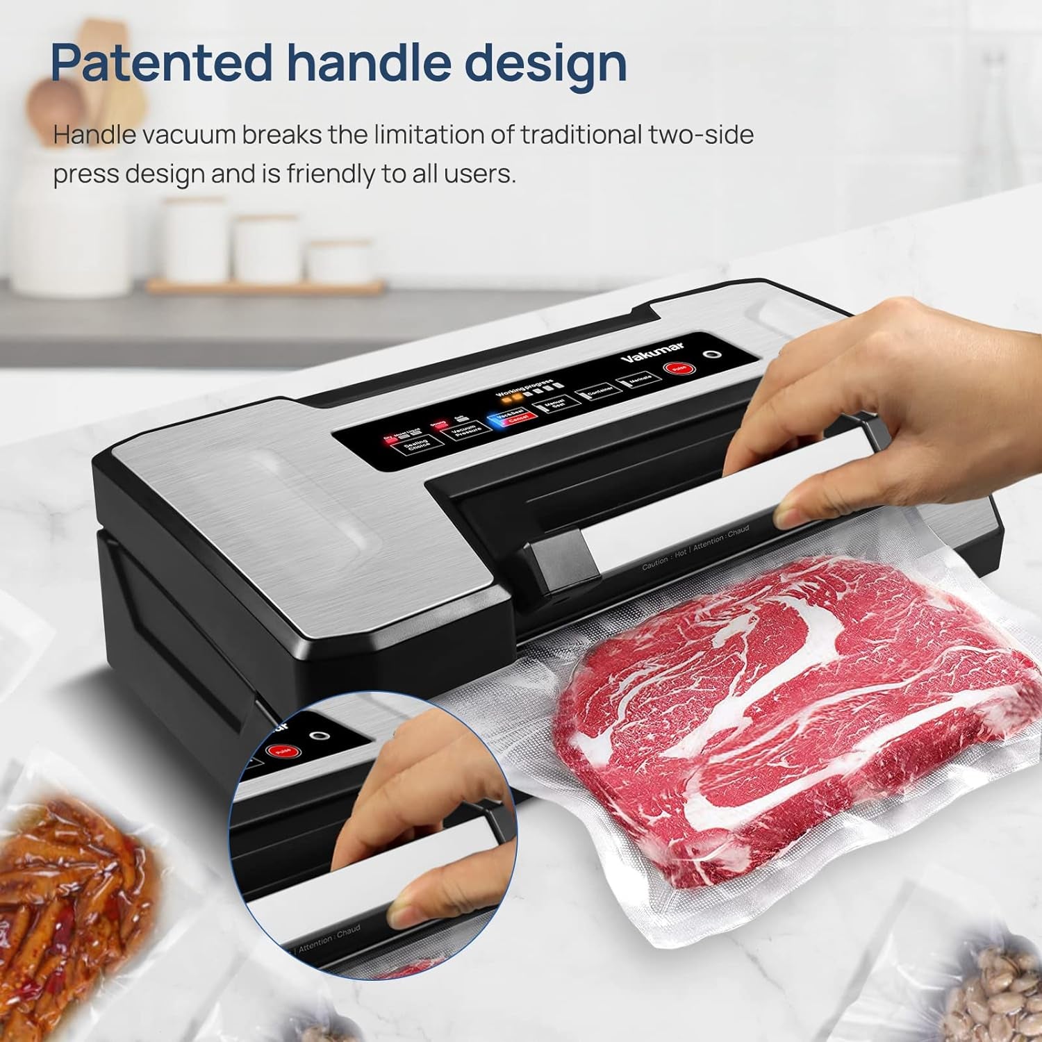 Liquid Vacuum Sealer Machine, 90Kpa Vacuum Sealer Machine Preservation Dry/Moist/Liquid Modes, LED Indicator Light, Handle Locked Design, Built-In Cutter and Bag Storage, Removable Drip Tray