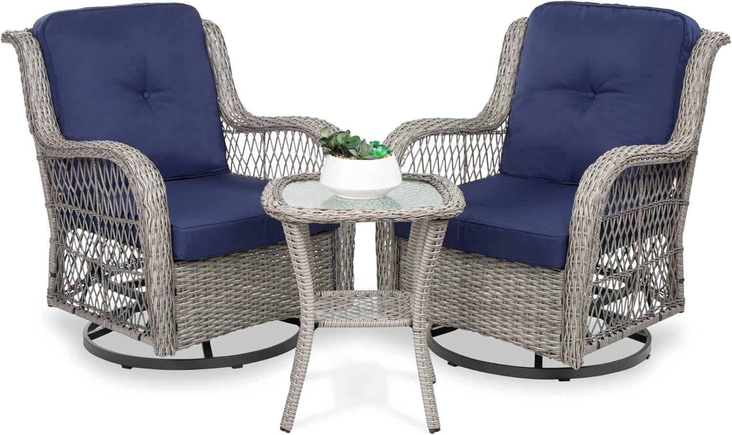 3-Piece Outdoor Wicker Patio Bistro Set W/ 2 360-Degree Swivel Rocking Chairs and Tempered Glass Top Side Table - Beige