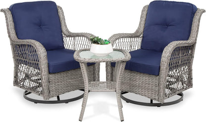 3-Piece Outdoor Wicker Patio Bistro Set W/ 2 360-Degree Swivel Rocking Chairs and Tempered Glass Top Side Table - Beige