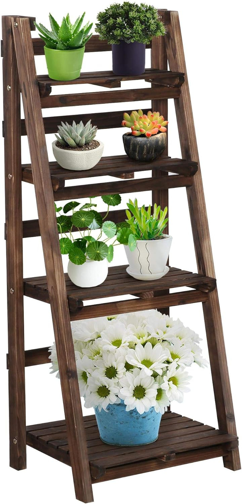 Wooden Foldable Ladder Shelf 4-Tier Magazine Holder Book Rack Plant Stand Folding Flower Display Pot Decorative Storage Free Standing Indoors/Outdoors Rustic No Assembly Required Brown